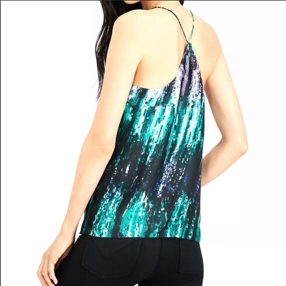 BAR III Printed Sequin Look Tan Top Disco Glam Lg - Picture 2 of 5